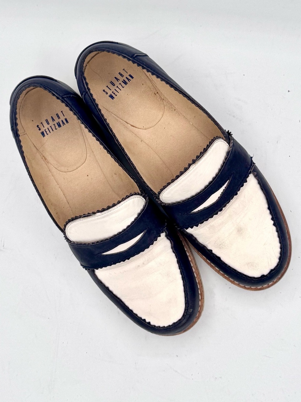 Stuart Weitzman Navy and White Two-Tone Penny Loafers